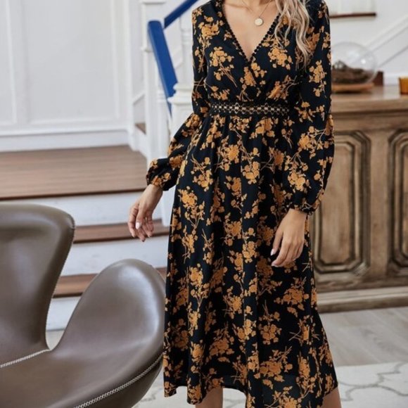 black floral print v neck ruffle long sleeve dress - Picture 3 of 6